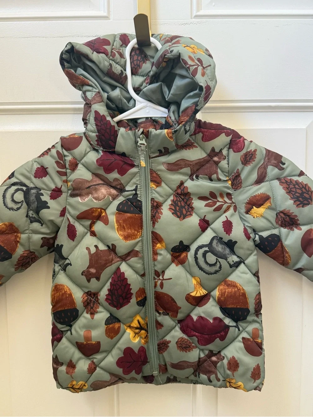 H&M Sage Green Kids Hooded Puffer Jacket with Autumn Motif